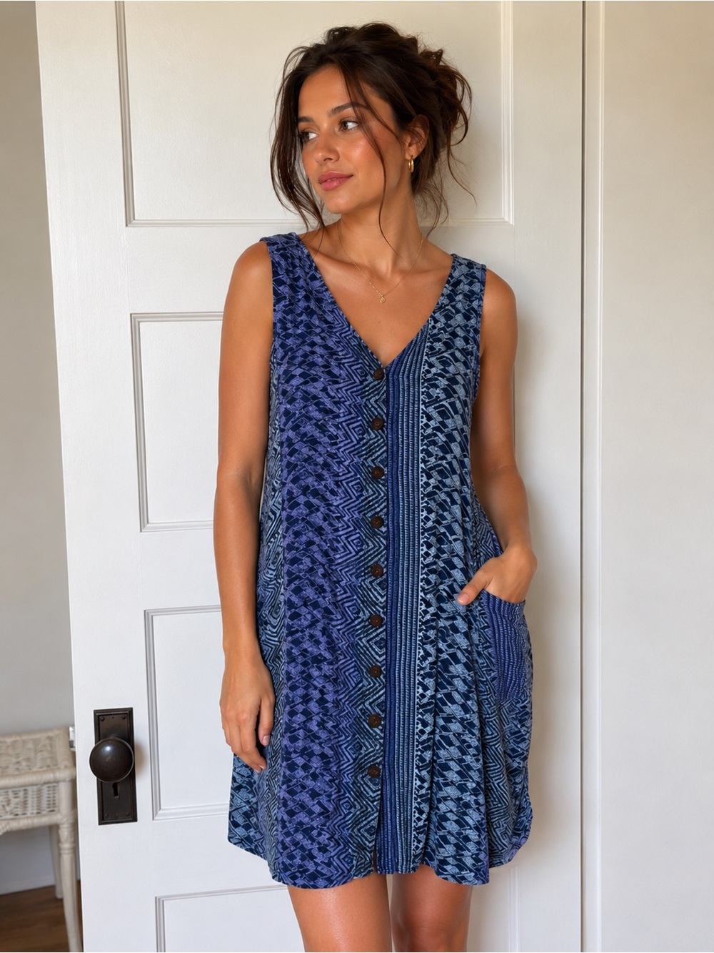 Vintage Boho Blue Patterned Button-Front V-Neck Sundress
